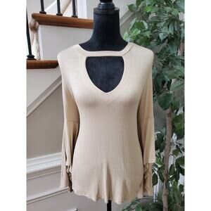 Entro Womens Beige Rayon Long Bell Sleeve Keyhole Neck Top Blouse Size Small